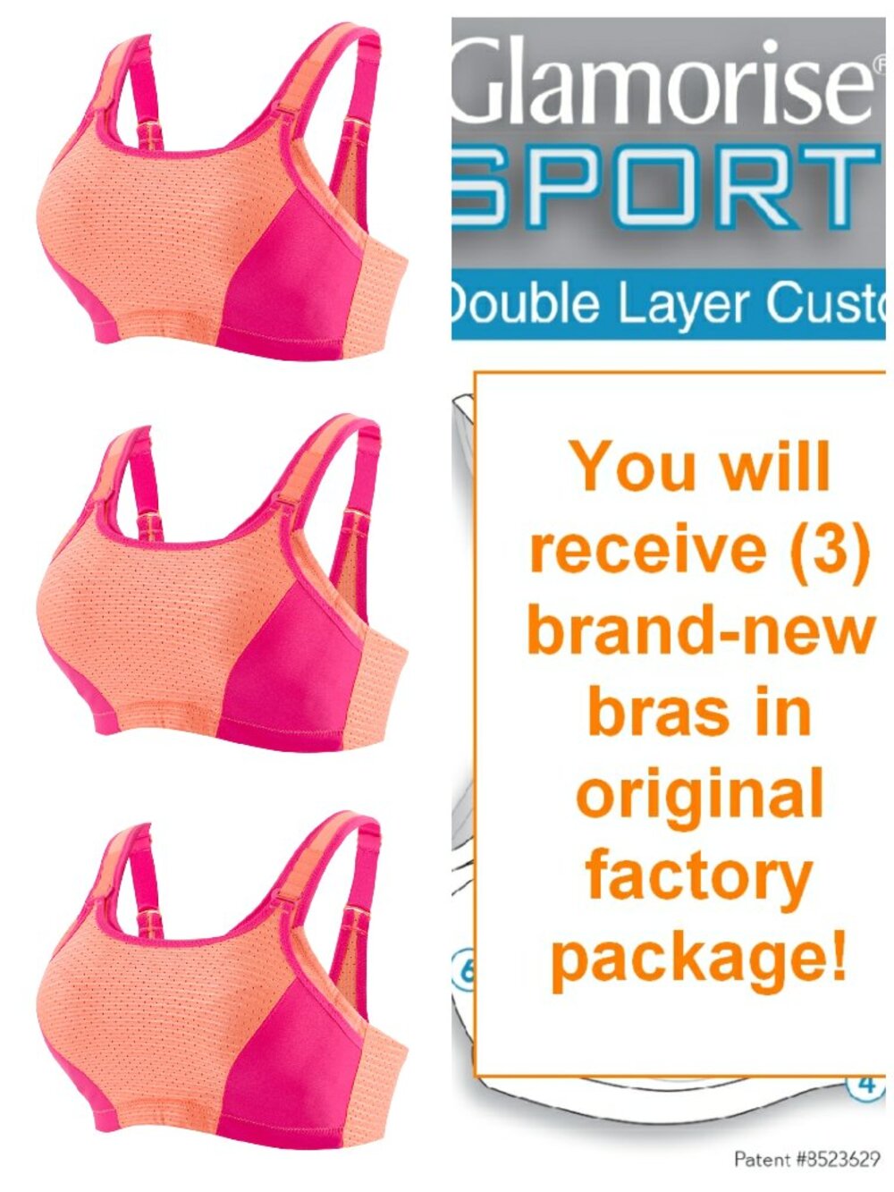 Set of 3! 40B Glamorise SPORT Bra (CUSTOM CONTROL) HIGH IMPACT ORANGE NEW